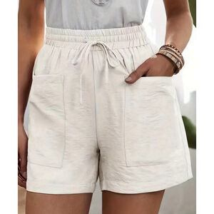 Plus Size Casual Shorts, Women's Plus Solid High Rise Elastic Drawstring Loose